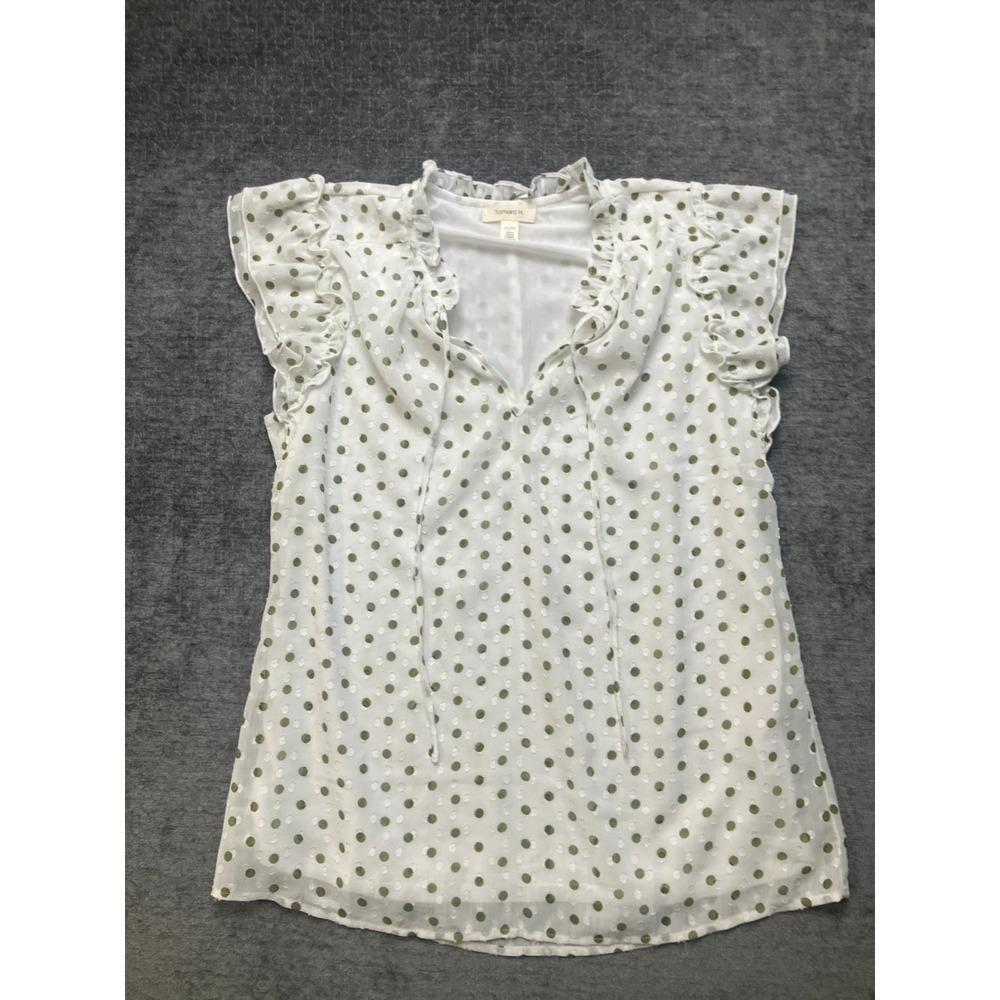 Tamara H Blouse Top Womens Medium White Polka Dot Lined V-Neck Ruffle Cap Sleeve